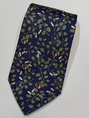 HERMES Blue Green Leaf Pattern Print Silk Tie